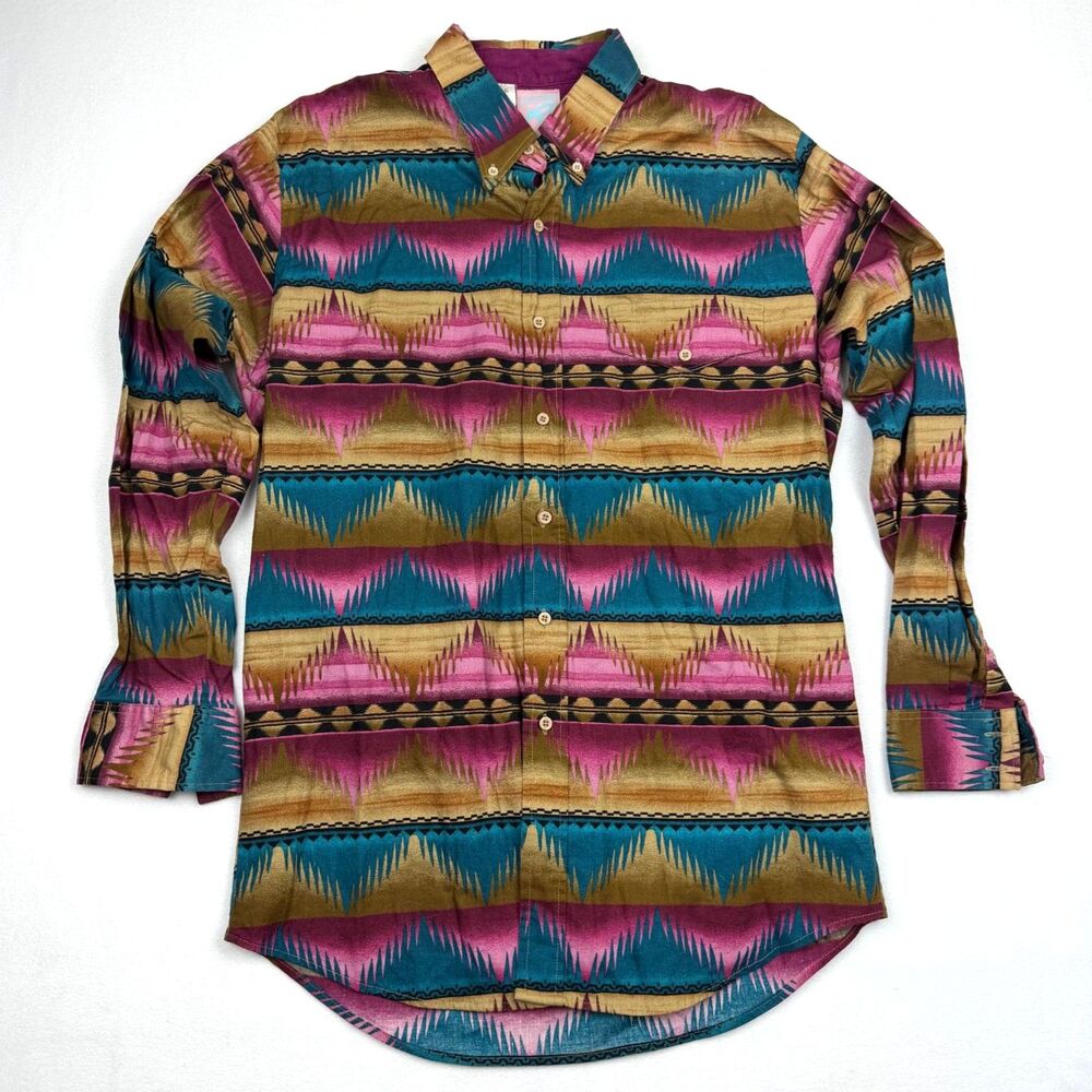 VTG 90s Roper Western Aztec Southwest Shirt Made in USA L 16.5 Rodeo Cowboy